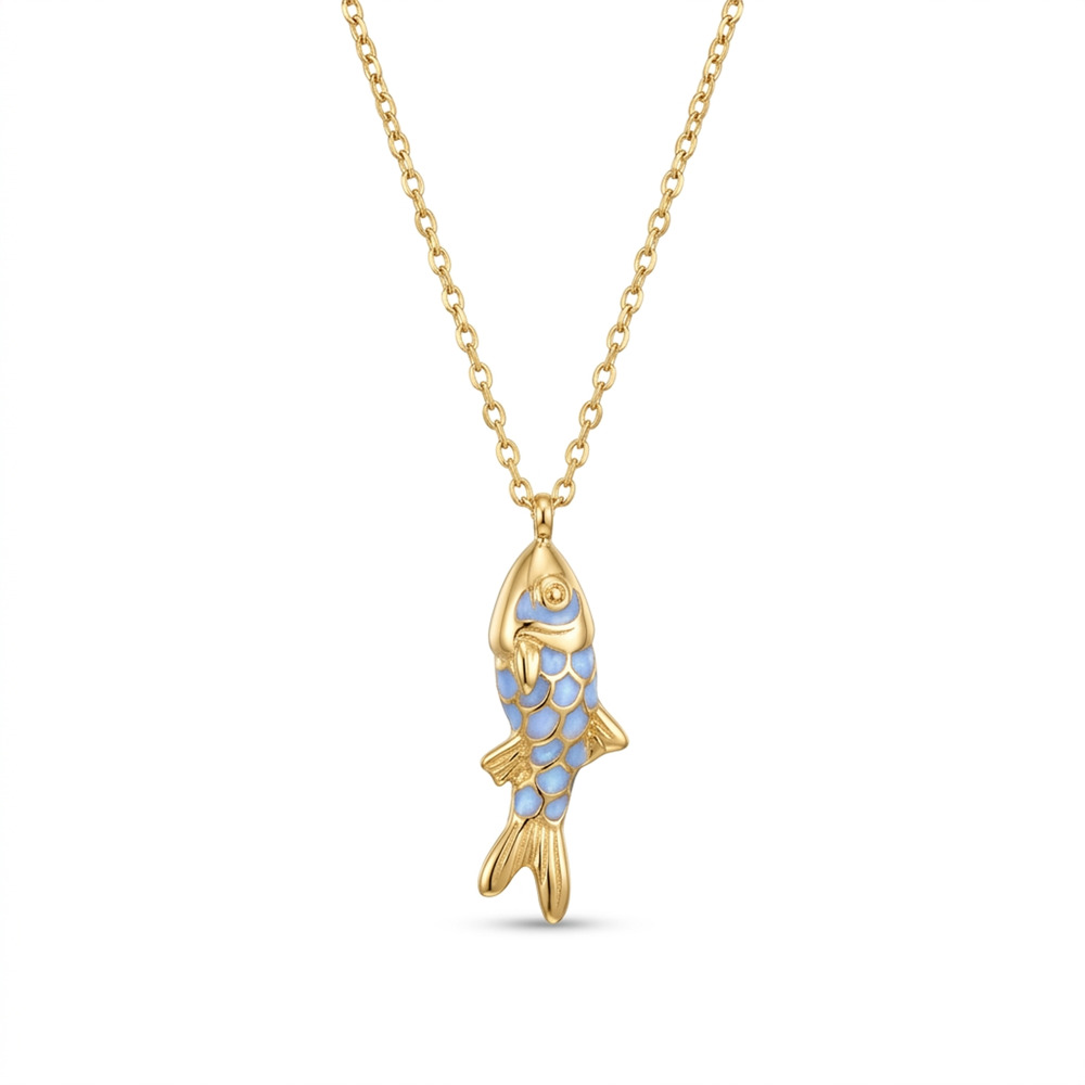 Lucky Fish Enamel Pendant Necklace – 18K Gold Plated, Waterproof Blue